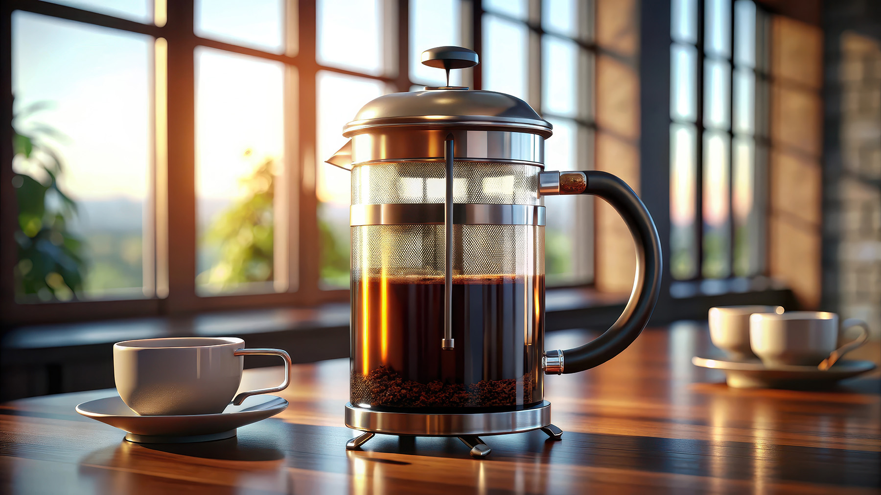 A glass French press full of freshly brewed coffee on a sunlit wooden table