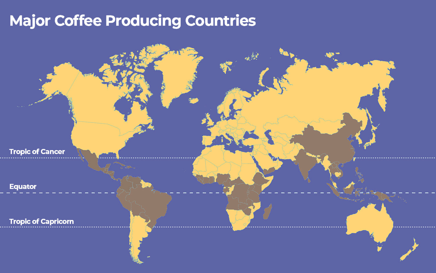 World map highlighting the major coffee-producing countries in the tropics, between the Tropic of Cancer and the Tropic of Capricorn